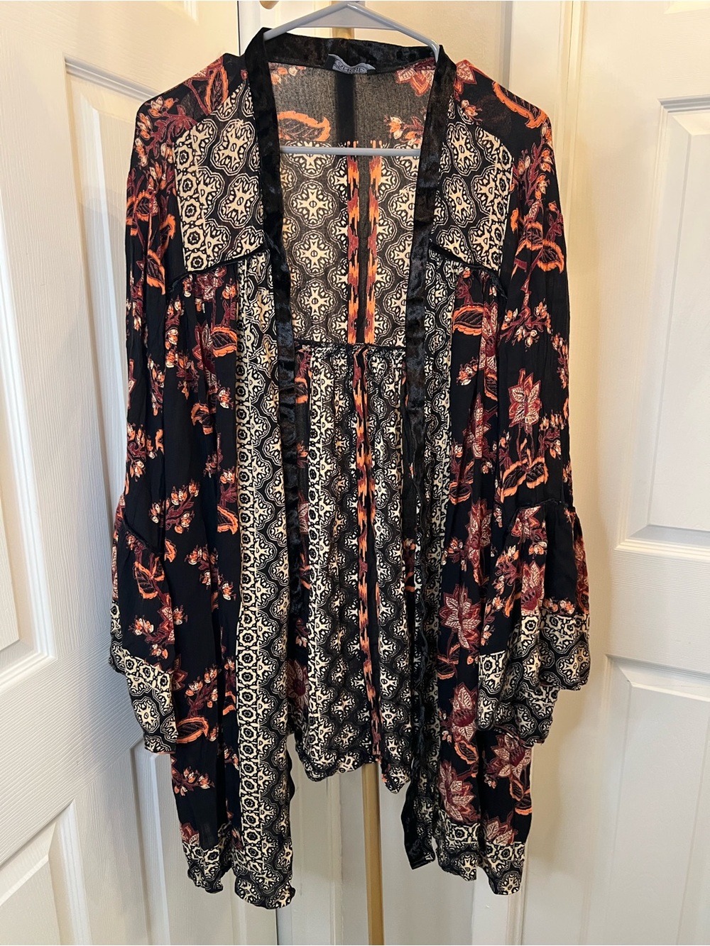 Angie Black Floral Open-Front Kimono with Rust Accents